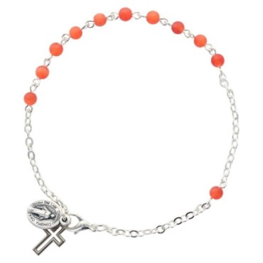 Bracelet sur chaine argentée grains rond en verre Ø 4 mm avec médaille de la Vierge Miraculeuse. Différentes couleurs