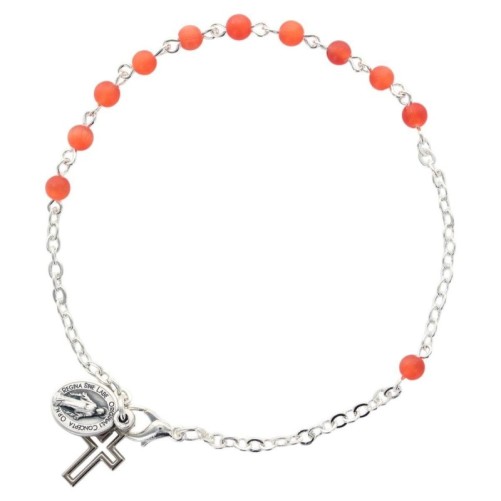 Bracelet sur chaine argentée grains rond en verre Ø 4 mm avec médaille de la Vierge Miraculeuse. Différentes couleurs