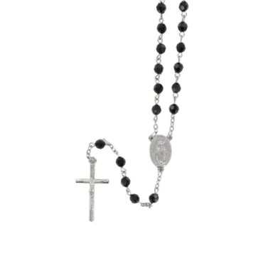 Chapelet grains facettés 7 mm, chaîne argentée, croix avec Christ, 34 cm au cœur. Plusieurs couleurs.