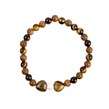 Bracelet sur elastique en pierre naturelle et grains bois Ø 6 mm avec double coeur.