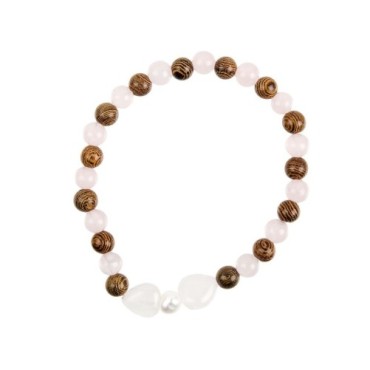 Bracelet sur elastique en pierre naturelle et grains bois Ø 6 mm avec double coeur.