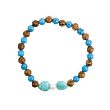 Bracelet sur elastique en pierre naturelle et grains bois Ø 6 mm avec double coeur.