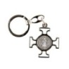Porte-clés en métal argenté, en forme de croix de Saint Benoît émaillée plusieurs couleurs – Hauteur 4 cm..