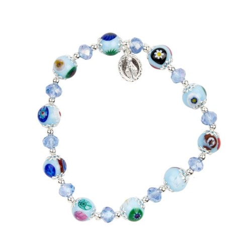 Bracelet dizainier couleur argentée sur élastique, véritable perle de Murano, Ø 9 mm medaille de la Vierge Miraculeuse..