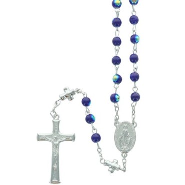 Chapelet grains nacrés 7 mm sur chaîne, paters en forme de croix, croix avec Christ. Plusieurs couleurs..
