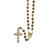 Chapelet grains œil de tigre, Ø 7 mm, chaine couleur dorée, longueur au cœur 32 cm, croix avec Christ. Livré en boite..