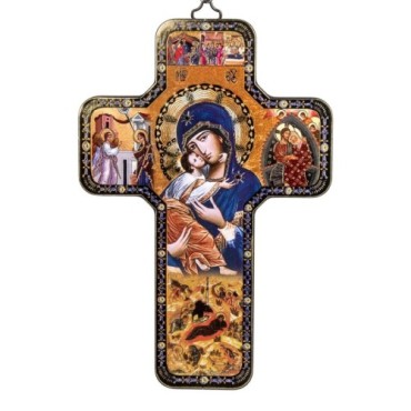 Croix icone en bois avec surimpression en relief dorée/argentée 12x18 cm, plusieurs saints
