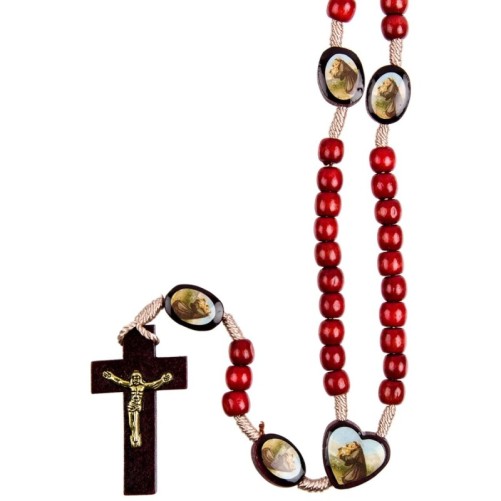 Chapelet bois Ø 7 mm, paters et cœur avec image du saint, croix métal avec Christ, longueur au cœur 23 cm. Plusieurs modèles.