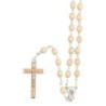 Chapelet grains en bois guilloches, Ø 7 mm, chaine couleur argentée, longueur au cœur 33 cm, croix avec Christ..