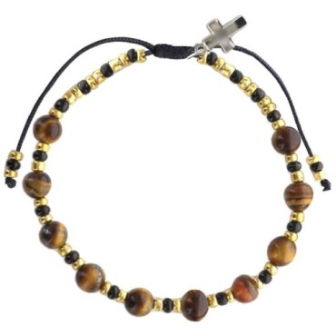 Bracelet dizainier sur corde réglable, grains en pierre Ø 6 mm, avec croix en métal. Existe en différentes pierres.