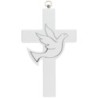 Croix à suspendre en bois avec colombe argentée. H. 14.5 cm