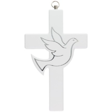 Croix à suspendre en bois avec colombe argentée. H. 14.5 cm
