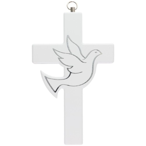 Croix à suspendre en bois avec colombe argentée. H. 14.5 cm