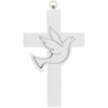 Croix à suspendre en bois avec colombe argentée. H. 14.5 cm