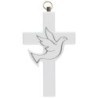 Croix à suspendre en bois avec colombe argentée. H. 14.5 cm