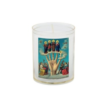 Veilleuse blanche avec autocollant de saint 20/24, H. 6,5 cm, Ø 5 cm ( VO 5).