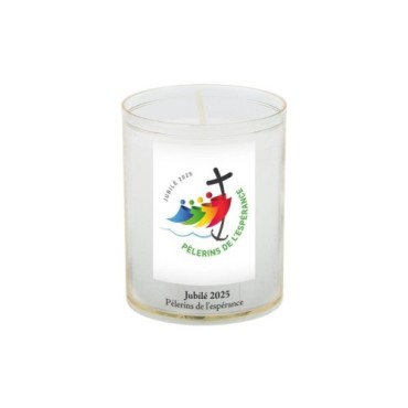 Veilleuse blanche avec autocollant de saint 20/24, H. 6,5 cm, Ø 5 cm ( VO 5).