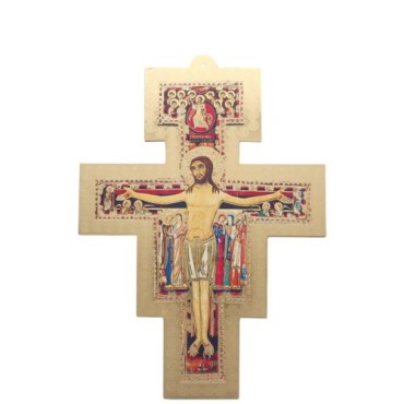 Croix de saint François en bois avec image collée de couleur doré. Différentes tailles.