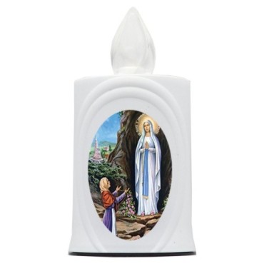 Lumignon blanc a piles H. 10 cm, plusieurs saints..