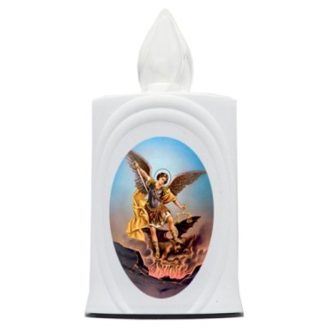 Lumignon blanc a piles H. 10 cm, plusieurs saints..