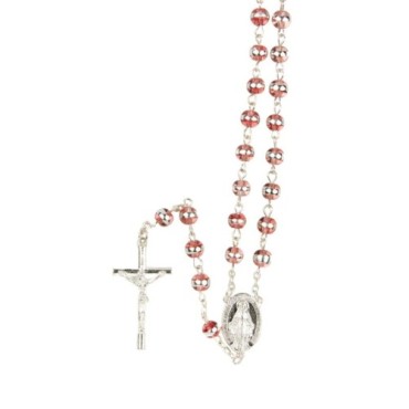 Chapelet grains œil de chat 7 mm, chaîne argentée, croix avec Christ, 34 cm au cœur, plusieurs couleurs..