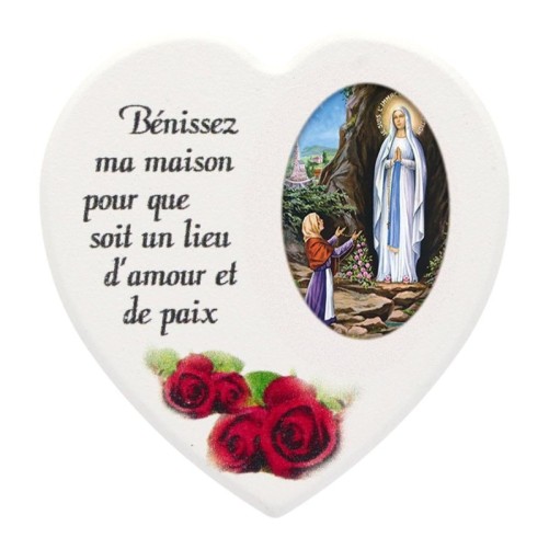 Magnet en bois avec prière forme coeur H 5 cm. Disponible avec différents Saints.