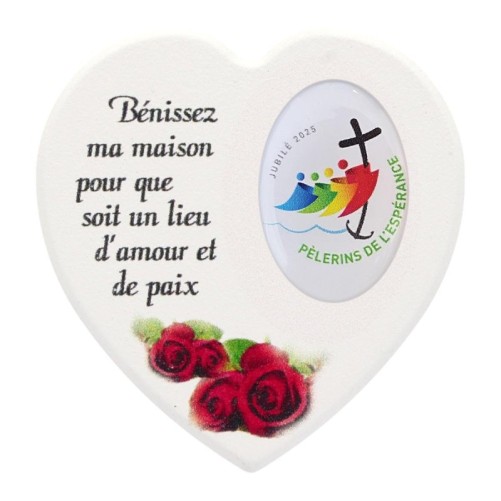 Magnet en bois avec prière forme coeur H 5 cm. Disponible avec différents Saints.