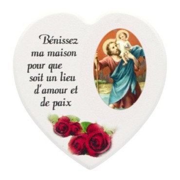Magnet en bois avec prière forme coeur H 5 cm. Disponible avec différents Saints.