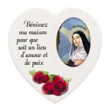 Magnet en bois avec prière forme coeur H 5 cm. Disponible avec différents Saints.