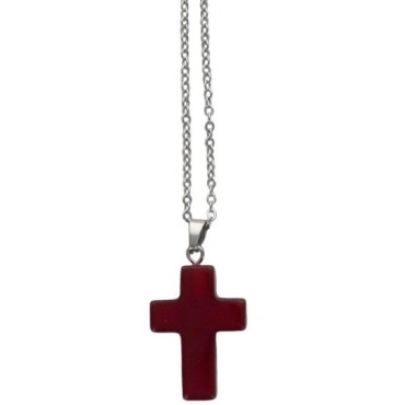 Collier avec croix en pierre naturelle H 2.4 cm sur chaine maille forcat en acier inoxydable L. 45 cm ajustable