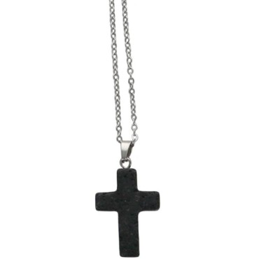Collier avec croix en pierre naturelle H 2.4 cm sur chaine maille forcat en acier inoxydable L. 45 cm ajustable