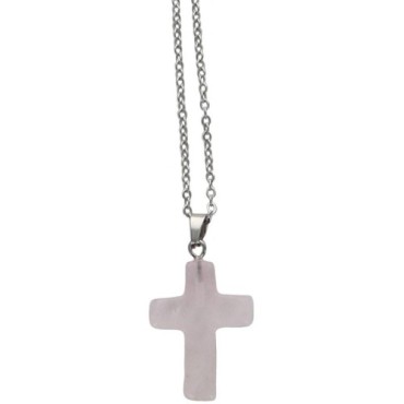 Collier avec croix en pierre naturelle H 2.4 cm sur chaine maille forcat en acier inoxydable L. 45 cm ajustable
