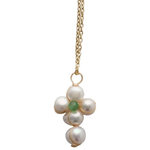 Collier avec chaine de couleur dorée en acier inoxydable L 45 cm, avec croix blanche H. 2 cm, différentes pierre au centre.