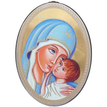 Icône ovale en bois, image dorée collée, H. 15 cm, ép. 1 cm, différents modèles