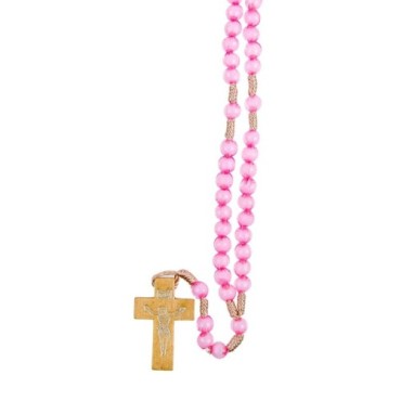Chapelet sur corde, grains translucides 8 mm, croix en bois avec Christ imprimé, 22 cm au cœur. Plusieurs couleurs..