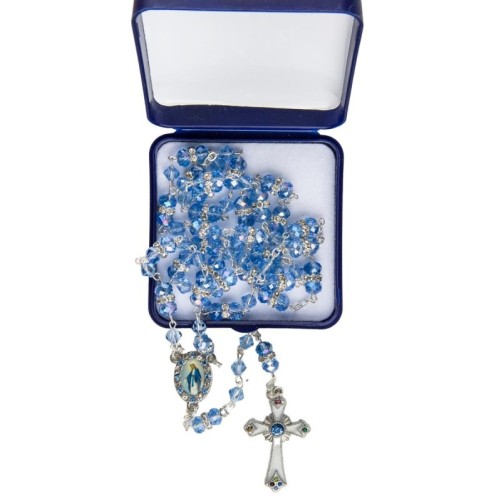 Chapelet grains semi-cristal avec strass, Ø 5 mm sur chaine longueur au cœur 35 cm croix avec Christ plus boite.