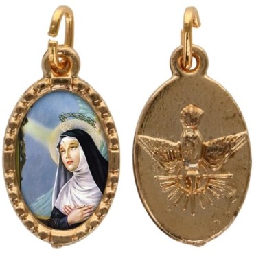 Médaille métal de couleur dorée ovale avec rebord effet dentelle H.1.5 cm avec résine. Disponible avec différents Saints.