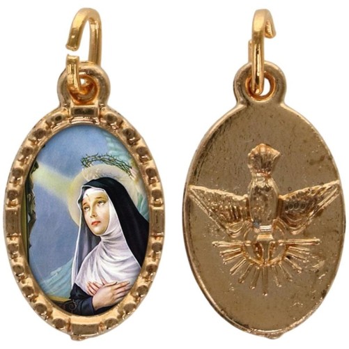 Médaille métal de couleur dorée ovale avec rebord effet dentelle H.1.5 cm avec résine. Disponible avec différents Saints.