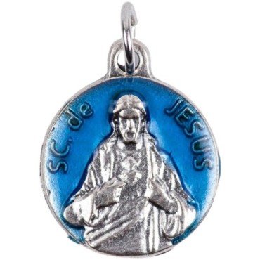 Medaille metal couleur argentee, emaille bleu ou rouge Ø 1,8 cm de differents saints. Couleurs differentes selon arrivage.