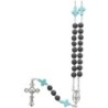 COLLIER grains pierre de lave sur câble Ø 8 mm et pater croix imitation turquoise, croix et cœur en métal..