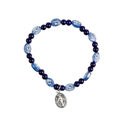 Bracelet dizainier sur elastique pour enfant avec grains en plastique Ø 4.5 mm et medaille metal de la Vierge Miraculeuse..