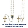 Chapelet grains métal forme rose, Ø 4 mm, chaine couleur argentée, longueur au cœur 23 cm, croix avec Christ..