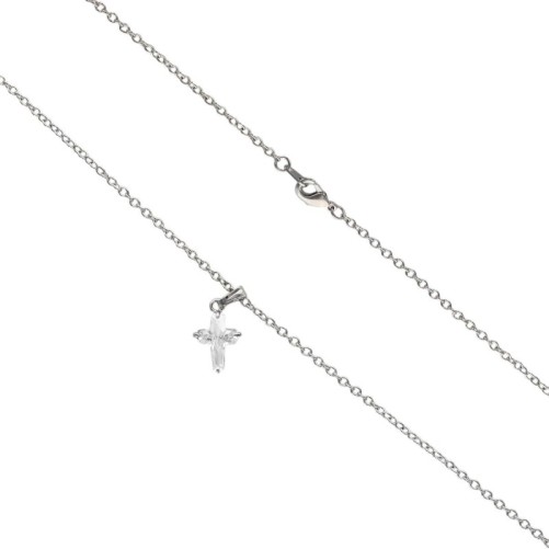 Collier avec chaine couleur argentee L. 45 cm, croix pierres OZ biseaute H. 1,3 cm.