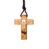 Croix de cou en bois d'olivier avec Christ sculpté évidé H. 3 cm et cordon cuir 70 cm..