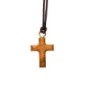Croix de cou biseautée en bois d'olivier H. 2 cm avec cordon cuir 70 cm..