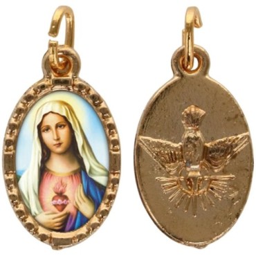 Médaille métal de couleur dorée ovale avec rebord effet dentelle H.1.5 cm avec résine. Disponible avec différents Saints.