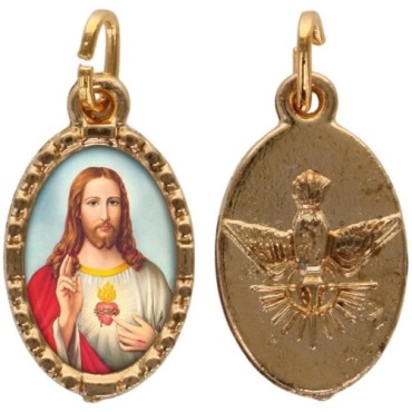 Médaille métal de couleur dorée ovale avec rebord effet dentelle H.1.5 cm avec résine. Disponible avec différents Saints.