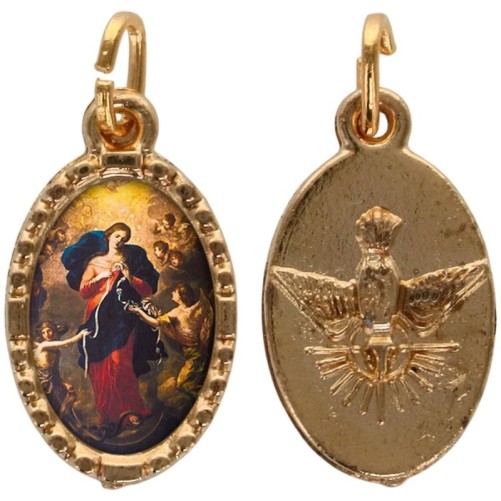 Médaille métal de couleur dorée ovale avec rebord effet dentelle H.1.5 cm avec résine. Disponible avec différents Saints.