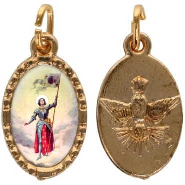 Médaille métal de couleur dorée ovale avec rebord effet dentelle H.1.5 cm avec résine. Disponible avec différents Saints.