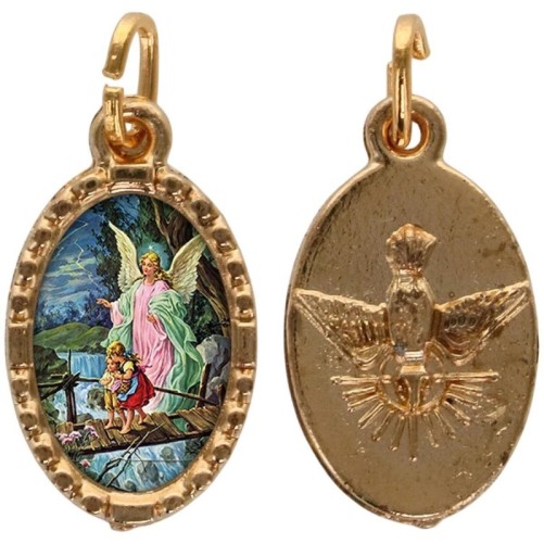 Médaille métal de couleur dorée ovale avec rebord effet dentelle H.1.5 cm avec résine. Disponible avec différents Saints.